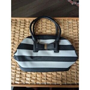 APT 9 Apt.9 Black White Stripe Bow Dome Satchel Bag Saffiano Preppy Old Money Wo